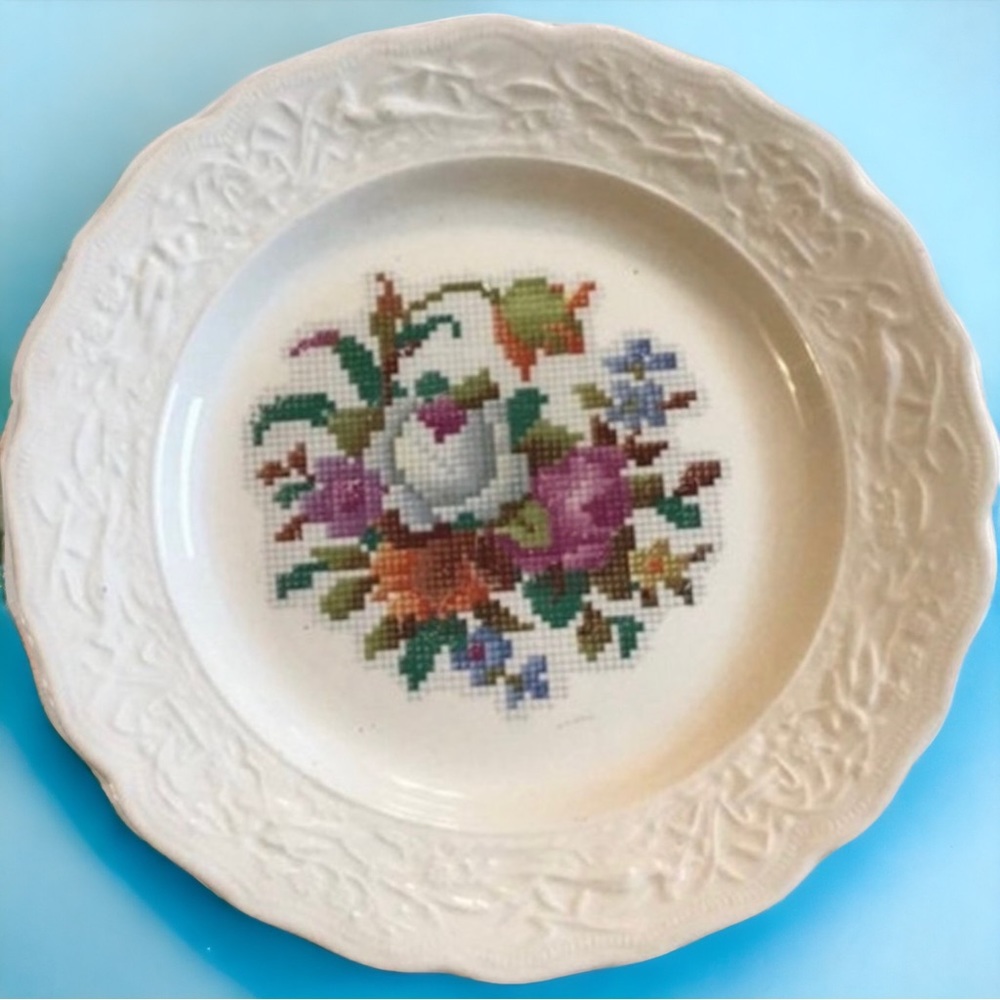 Vintage Plate with Cross Stitch Printed Design